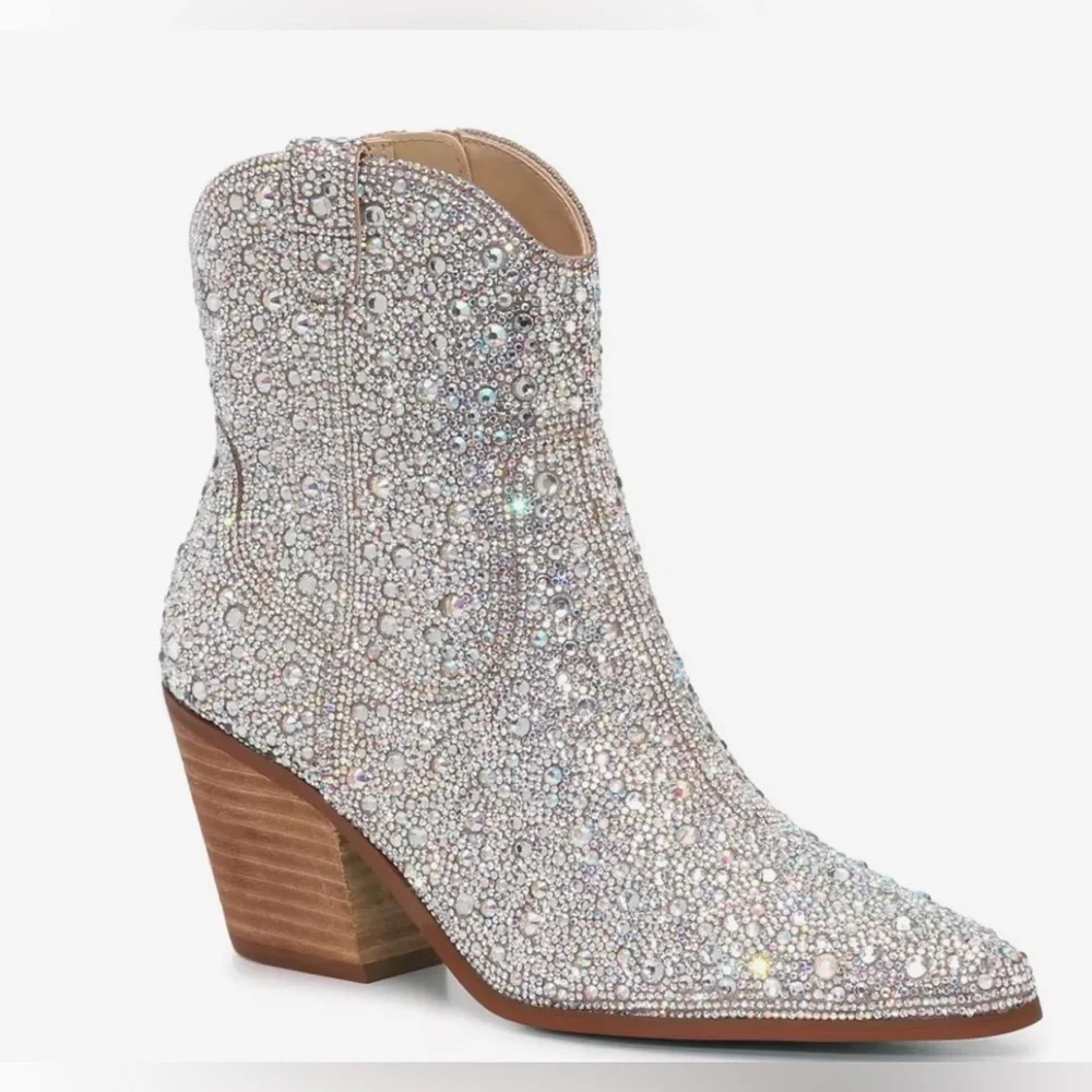 Betsey Johnson NWT Sz 6 Sparkling Crystal Heeled Western Boots (SH096) - Picture 11 of 14